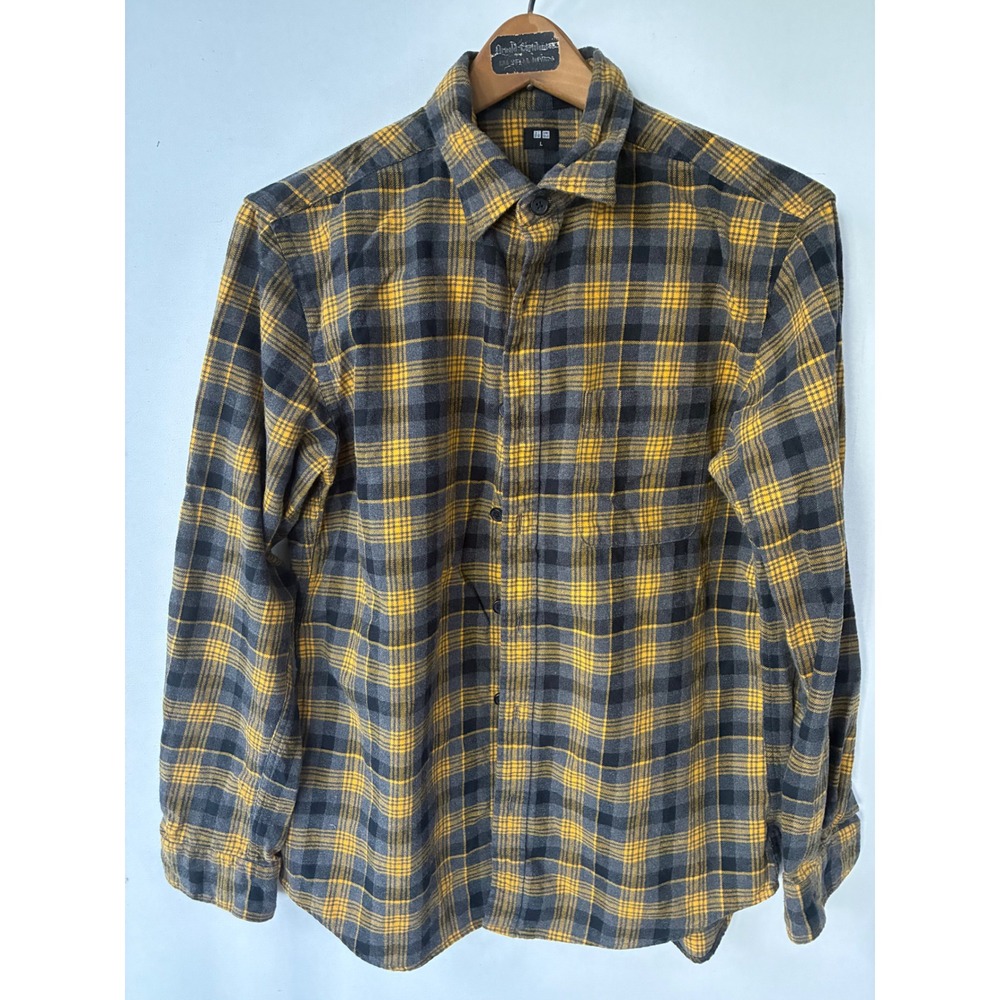 Uniqlo Mens Flannel Shirt Yellow‎ Grey Plaid Long Sleeve Button Down Large L